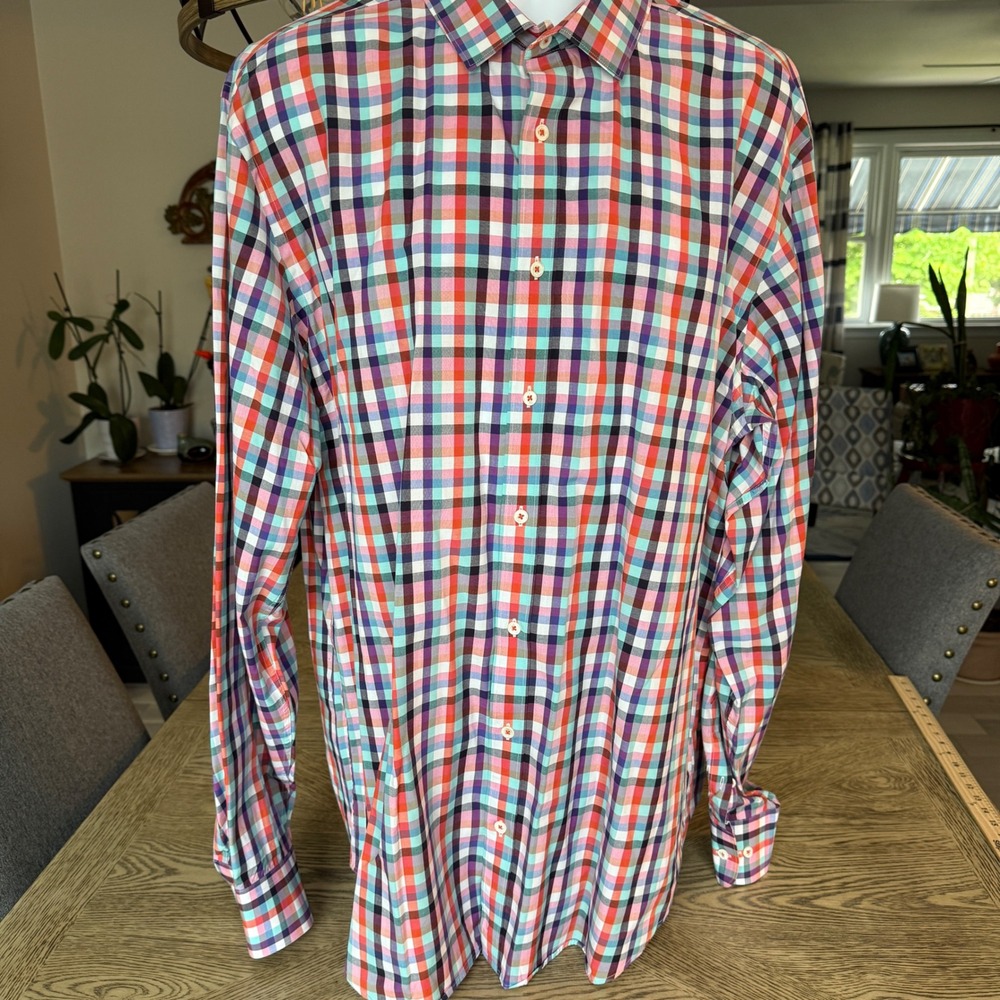 Bugatchi Uomo Mens Classic Fit XL Multicolor Check Long Sleeve Button Down Shirt